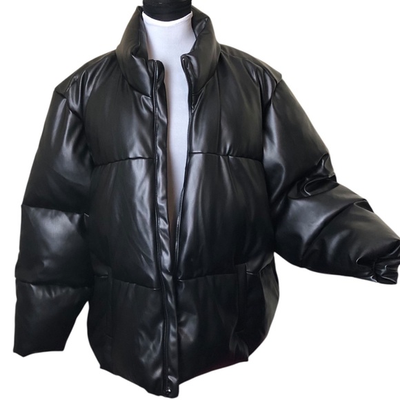 Plus Size Puffer Jacket Black Vegan Leather Fully Lined Pockets Womens 4X NEW - Picture 2 of 16
